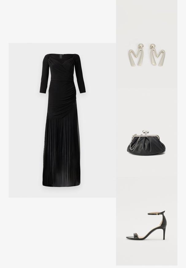 Robe noire à manches longues avec un corsage ajusté, des détails froncés et une jupe fluide avec des empiècements en tulle transparent à l'ourlet.; Sandale à talons hauts en cuir noir avec une lanière de cheville. Présente une texture lisse, un bout ouvert et un talon fin. Détail de boucle en ton doré.; Porte-monnaie en cuir noir avec texture froncée, cadre en métal argenté, fermeture à verrouillage kiss-lock et bandoulière en chaîne. Surface lisse et douce.; Paire de boucles d'oreilles en métal argenté en forme de lettre M angulaire avec des tiges arrondies sur fond blanc.