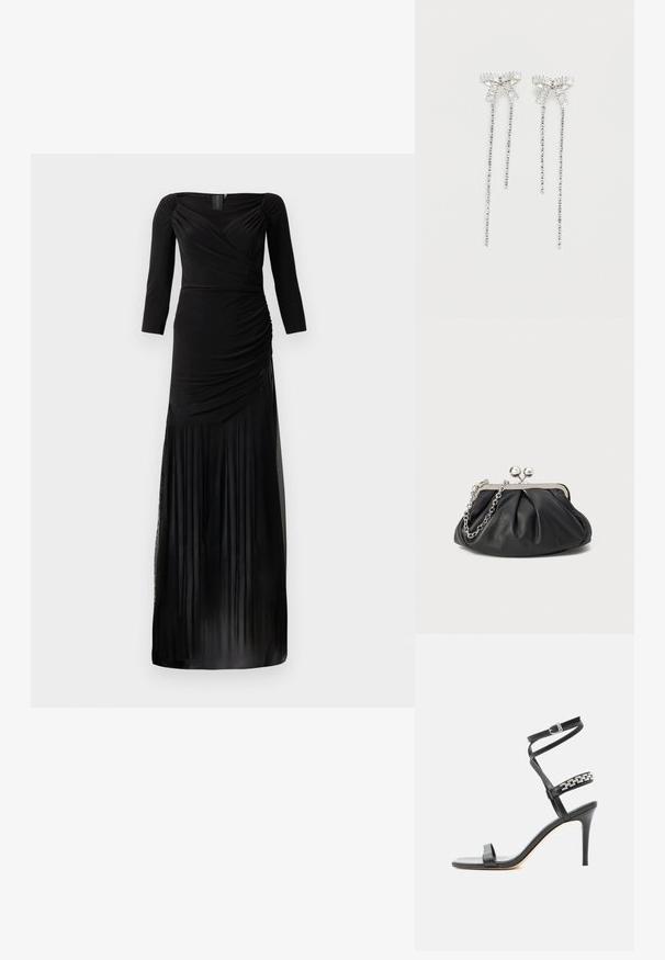 Robe noire à manches longues avec un corsage ajusté, des détails froncés et une jupe fluide avec des empiècements en tulle transparent à l'ourlet.; Sandale noire à talon haut avec fine bride à la cheville, bride médiane décorée de maillons de chaîne argentés, et design à bout ouvert.; Porte-monnaie en cuir noir avec texture froncée, cadre en métal argenté, fermeture à verrouillage kiss-lock et bandoulière en chaîne. Surface lisse et douce.; Longs boucles d'oreilles en argent avec un groupe de strass au sommet et des rangées de petites strass suspendues en dessous.