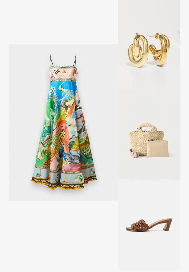 Satin maxi kjole med pastelfarver og livlige farverige prints, spaghetti stropper, samt et dekorativt bånd øverst og i kanten med forskellige motiver.; Brun flettet mule med åben tå, blokhæl og slip-on design på en ensfarvet hvid baggrund.; Flettet beige håndtaske med en tekstureret overflade og afrundede håndtag, ledsaget af en glat pung med lynlås i en matchende nuance.; Charlotte Chesnais BO INITIAL BLOW - Øreringe - gold-coloured