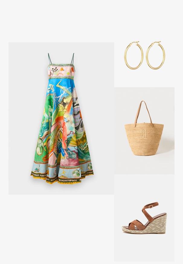 Satin maxi kjole med pastelfarver og livlige farverige prints, spaghetti stropper, samt et dekorativt bånd øverst og i kanten med forskellige motiver.; Brun ruskind kile sandal med flettet jute platform, krydsede remme og justerbar ankelspænde på hvid baggrund.; Beige vævet stråtaske med to lysebrune læderhåndtag og et diskret broderet monogram i midten foran.; Guldøreringe med en poleret finish, featuring en glat overflade og et sikkert låsemekanisme. Rund form, mellemstørrelse.