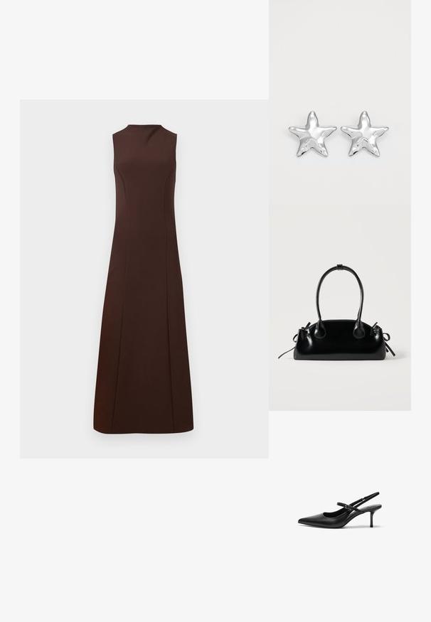 Vestido marrón sin mangas con un escote alto, corpiño ajustado y falda acampanada. Hecho de una tela suave sin patrones visibles ni piezas de metal.; Zapatos de tacón slingback de cuero negro con punta afilada, correa ajustable delgada y un tacón de aguja de aproximadamente 5 cm, textura suave.; Pequeño bolso negro brillante con dos asas largas y detalles de cordón lateral sobre un fondo claro liso.; Pendientes en forma de estrella plateada con una superficie pulida y brillante. Cada pendiente presenta cinco puntas y sutiles detalles de textura en la superficie.
