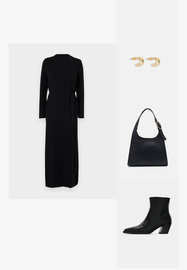 Schwarzes langärmliges Kleid mit geripptem Ausschnitt und passendem Gürtel in der Taille. Weicher, glatter Strickstoff, gerade Silhouette.; Schwarze Leder-Stiefelette mit spitzem Zeh, schlanker Silhouette und klobigem quadratischem Absatz. Glatte Textur mit minimalen Nähdetails.; Schwarze Leder-Tote mit glatter Textur, runder Form und einem einzigen Schulterriemen, der mit einem runden goldenen Hardware-Akzent verziert ist.; Goldene, mondförmige Ohrringe mit glatter Oberfläche, die orangefarbene Akzente nahe dem Stecker und silberne Beschläge aufweisen.