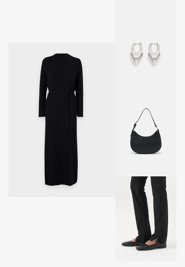 Schwarzes langärmliges Kleid mit geripptem Ausschnitt und passendem Gürtel in der Taille. Weicher, glatter Strickstoff, gerade Silhouette.; Beine in schwarzen schmalen Hosen mit vorderen Schlitzen am Saum, kombiniert mit schwarzen flachen Mary-Jane-Schuhen mit kleinem Schnallenriemen.; Schwarze Hobo-Tasche aus glattem Leder mit einer geschwungenen Silhouette, ausgestattet mit einem einzelnen verstellbaren Trageriemen und minimalistischem Design.; Silberne herzförmige Vorhängeschlösser mit eingravierten "JA"- und "NEIN"-Texten, polierte Oberfläche, symmetrisches Design und einem robusten Metallverschluss.