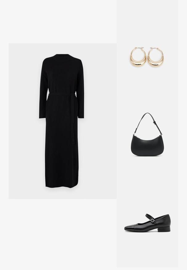 Robe noire à manches longues avec un col côtelé et une ceinture assortie à la taille. Tissu tricoté doux et lisse, silhouette droite.; Chaussures Mary Jane en cuir noir avec un embout en vernis, une sangle cheville réglable et un petit talon carré. Texture lisse et design élégant.; Pieces PCALUANA SHOULDER BAG - Sac à main - black; Boucles d'oreilles créoles dorées en forme de croissant, avec une surface polie et un fermoir à charnière. La texture lisse et la finition réfléchissante améliorent la visibilité.