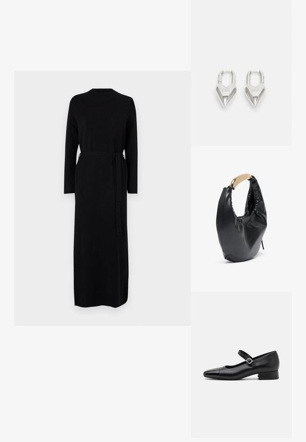 Schwarzes langärmliges Kleid mit geripptem Ausschnitt und passendem Gürtel in der Taille. Weicher, glatter Strickstoff, gerade Silhouette.; Schwarze Leder-Mary-Jane-Schuhe mit einer patentierten Zehenkappe, verstellbarem Knöchelriemen und niedrigem Blockabsatz. Glatte Textur und elegantes Design.; Schwarze Handtasche aus Kunstleder mit geschwungener Silhouette. Verfügt über einen glänzenden Griff in goldfarbener Metalloptik und geraffte Textur entlang der oberen Öffnung.; Silberne herzförmige Vorhängeschlösser mit eingravierten "JA"- und "NEIN"-Texten, polierte Oberfläche, symmetrisches Design und einem robusten Metallverschluss.