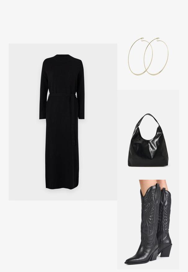 Schwarzes langärmliges Kleid mit geripptem Ausschnitt und passendem Gürtel in der Taille. Weicher, glatter Strickstoff, gerade Silhouette.; Schwarze Leder-Cowboystiefel mit spitzen Zehen, dekorativen Nähten und schrägen Blockabsätzen, getragen von einer Person.; Schwarze Leder-Hobo-Tasche mit einer weichen, glänzenden Textur und einem runden, offenen Oberteil. Verfügt über einen breiten, gebogenen Tragegurt. Keine sichtbaren Beschläge.; Pilgrim Ohrringe - gold-coloured