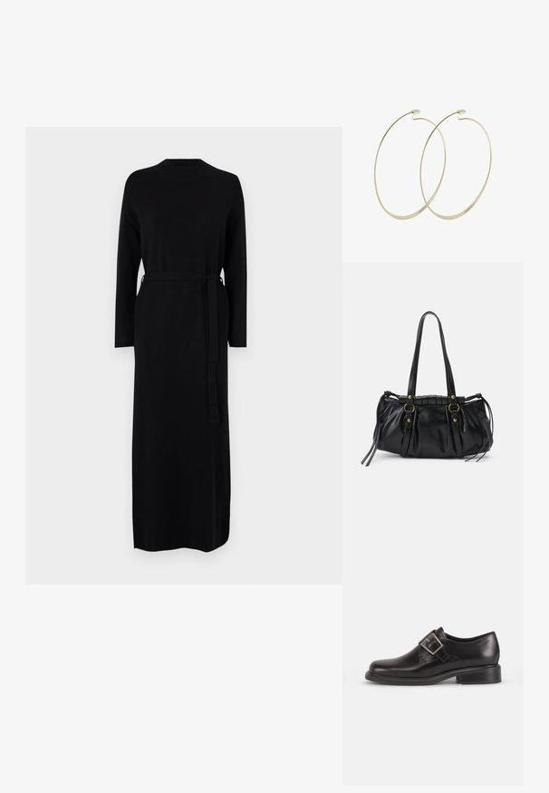 Zwarte lange mouwen jurk met een geribde halslijn en een bijpassende riem in de taille. Zachte, gladde breiselstof, rechte silhouet.; Zwarte lederen dresscode schoenen met een afgeronde neus, een zijriem met gespsluiting en een gestructureerde zool, tegen een eenvoudige witte achtergrond.; Zwarte leren handtas met een afgeronde vorm, dubbele handvatten, decoratieve hardware accenten en details met zijstrikken. Smooth, glanzende textuur.; Pilgrim Oorbellen - gold-coloured