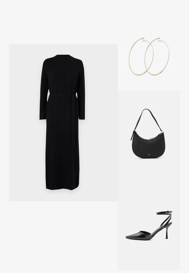 Schwarzes langärmliges Kleid mit geripptem Ausschnitt und passendem Gürtel in der Taille. Weicher, glatter Strickstoff, gerade Silhouette.; Schwarzer spitzer High Heel mit dünnen Knöchelriemen und silberner Schnalle auf einfachem hellem Hintergrund.; Schwarze Lederhandtasche mit geschwungenem Design, strukturiertem Material, vorderen Nähten und einem Logo in Goldtönen. Verfügt über einen einzelnen verstellbaren Tragegurt.; Pilgrim Ohrringe - gold-coloured