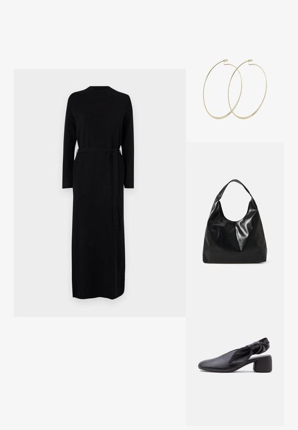 Zwarte lange mouwen jurk met een geribde halslijn en een bijpassende riem in de taille. Zachte, gladde breiselstof, rechte silhouet.; Zwarte leren slingback met een afgeronde neus, een geknoopt banddetail en een lage blokhak op een witte achtergrond.; Zwarte leren hobo tas met een zachte, glanzende textuur en een ronde, open bovenkant. Voorzien van een brede, gebogen schouderband om te dragen. Geen zichtbare hardware.; Pilgrim Oorbellen - gold-coloured
