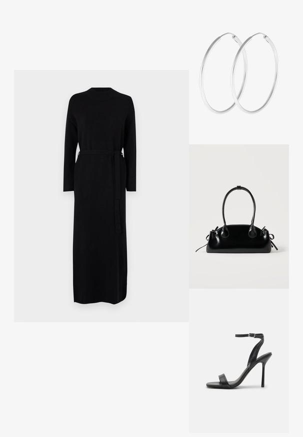 Zwarte lange mouwen jurk met een geribde halslijn en een bijpassende riem in de taille. Zachte, gladde breiselstof, rechte silhouet.; Zwarte hoge hakken sandaal met een slanke enkelband en twee voorste banden. Gemaakt van soepel leer met een slanke puntneus en een stiletteloze hak.; Kleine zwarte glanzende handtas met twee lange hengsels en zijkant trekkoord details op een effen lichte achtergrond.; Zilverkleurige oorringen met een gladde, ronde vorm en een gepolijste afwerking. Beide oorbellen zijn van dezelfde grootte en hebben een veilige sluitmechanisme.