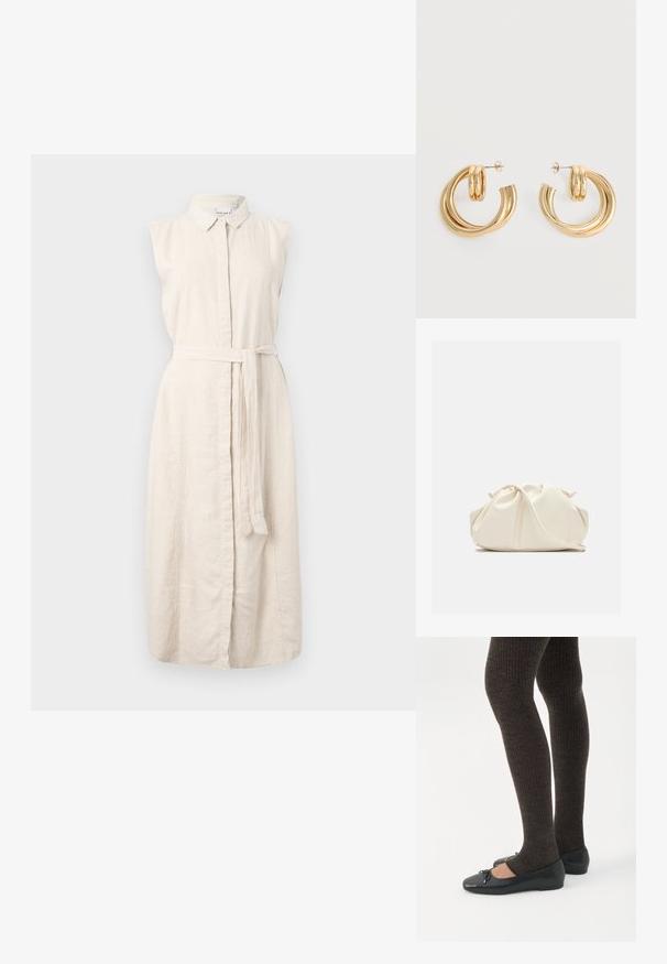 Robe en lin beige clair avec un col, sans manches, fermeture par boutons sur le devant et une ceinture en tissu à la taille. Présente une texture subtile.; Jambes portant des leggings côtelés foncés associés à des ballerines noires avec de petits détails en nœud sur fond blanc.; Pochette en cuir souple couleur crème avec un design froncé et une fine bandoulière reposant à l’avant sur un fond uni.; Paire de boucles d'oreilles créoles doubles en or brillant avec attaches à tige sur fond blanc.