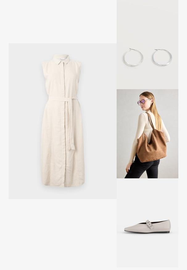 Robe en lin beige clair avec un col, sans manches, fermeture par boutons sur le devant et une ceinture en tissu à la taille. Présente une texture subtile.; Chaussure plate en cuir beige avec un bout pointu, un accent de boucle sur le côté et une semelle noire basse. Texture lisse et design minimaliste.; Sac fourre-tout en daim marron avec une texture douce, grande ouverture et longues sangles. Présente un design simple avec des coutures visibles et sans matériel.; Boucles d’oreilles créoles en métal argenté avec une surface lisse légèrement incurvée et des fermoirs à clapet sur un fond blanc uni.
