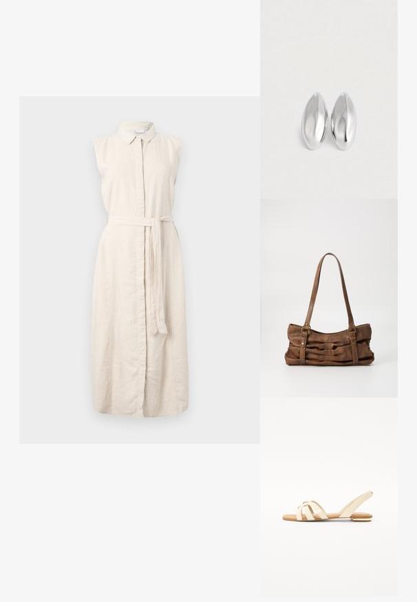 Lichtbeige linnen jurk met een kraag, mouwloos ontwerp, knoopsluiting aan de voorkant en een stoffen riem in de taille. Bevat een subtiele textuur.; Beige platte sandalen met kruislings gespen, een spitstoer, en een smalle enkelband. Glanzende afwerking met een goudkleurig accentdetail.; Even&Odd Handtas - brown; Een paar gladde, glanzende zilveren ovale objecten die naast elkaar zijn geplaatst op een eenvoudige witte achtergrond.