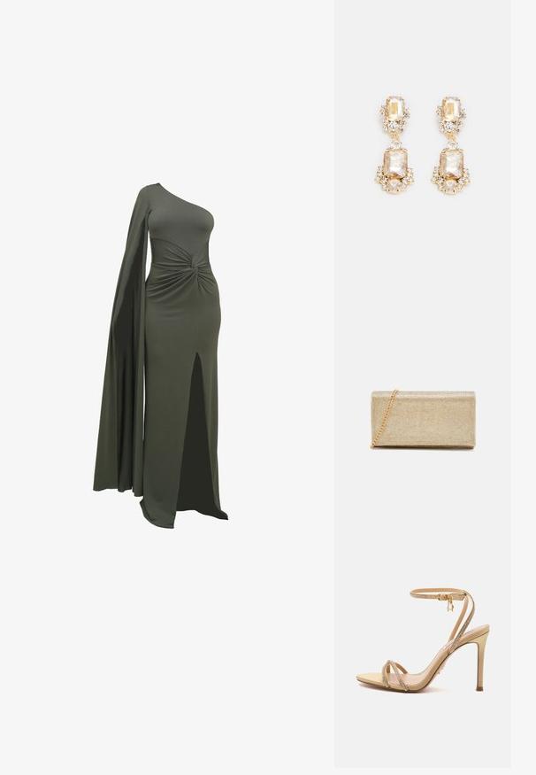Grøn, en-skulder kjole lavet af glat, strækbart stof. Har en snoet detalje i taljen og en høj slids op til låret på den ene side.; Beige sandal med høje hæle med tynde stropper pyntet med små rhinsten og en guld ankelspænde på en ensfarvet baggrund.; Guldmetalisk clutch med en tekstureret overflade, der har en kædestrop og en rektangulær form, designet til aftenbrug.; Guldtonede dråbeøreringe med store rektangulære og runde klare krystaller samt mindre accentsten, der skaber et lagdelt design.