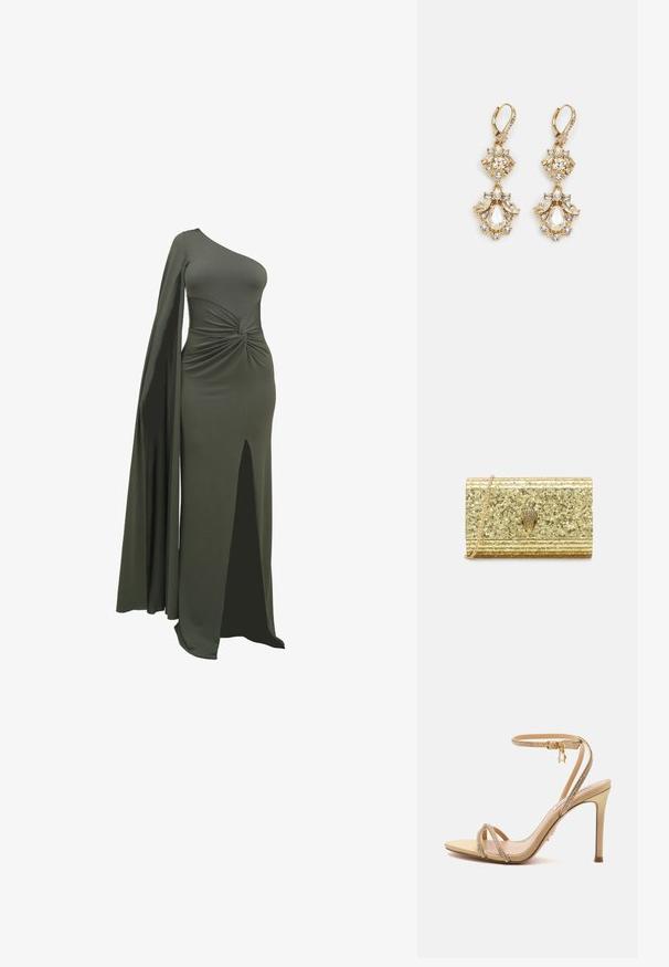 Groene, een-schouder jurk gemaakt van soepel, rekbaar materiaal. Beschikt over een gedraaide detail bij de taille en een hoge split aan één kant.; Beige sandaal met hoge hakken, dunne bandjes versierd met kleine strass-steentjes en een gouden enkelgesp op een effen achtergrond.; Gouden glitter clutchesac met een gestructureerd oppervlak, voorzien van een decoratieve gouden embleem en een kettinghengsel. Rechteckige vorm met gestructureerde zijkanten.; Gouden hangoorbellen met een clusterontwerp, versierd met ronde en druppelvormige heldere kristallen, die zich kenmerken door ingewikkelde details.
