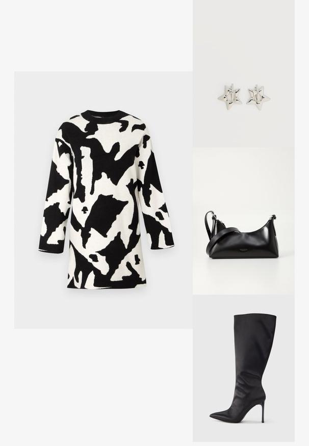 Robe tricotée noir et blanc avec un motif abstrait, encolure ronde et manches trois-quarts. Texture douce et design mi-long.; Botte noire haute jusqu'aux genoux en cuir verni lisse et élégant ; bout pointu ; ajustée avec un léger froncé près de la cheville ; talon brillant.; Sac à main en cuir noir avec une texture lisse. Dispose d'une bandoulière adjustable et d'un design élégant et minimaliste avec une fermeture éclair.; Boucles d’oreilles créoles en forme d’étoile argentée avec une finition lisse et polie sur un fond blanc uni.