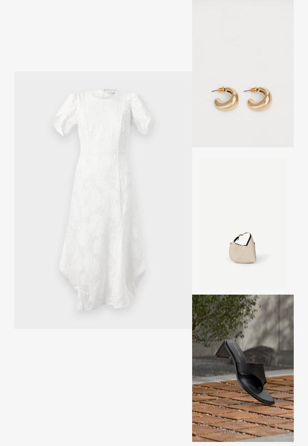 Weißes Midi-Kleid mit ausgestellten kurzen Ärmeln, Rundhalsausschnitt, strukturiertem Blumenmuster, taillierter Taille und asymmetrischem Saum.; Schwarze Calvin Klein Sandale mit Absatz und Zehenschlaufe auf einem Holzkachelfußboden im Freien neben einem Baum und einer Steinmauer.; Beige Ledertasche in Halbmondform mit einem einzelnen Schulterriemen und minimaler Nahtgestaltung, vor einem schlichten weißen Hintergrund.; Zwei glänzende goldene Creolen in einem geschwungenen Design mit orangefarbenen Akzenten nahe dem Stecker, vor einem schlichten weißen Hintergrund.