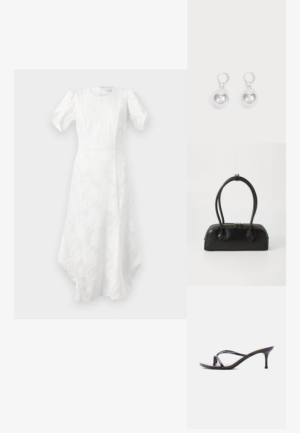 Witte midi-jurk met opgeblazen korte mouwen, ronde halslijn, gestructureerd bloemenpatroon, aansluitende taille en asymmetrische zoom.; Zwarte laklederen sandaal met hakken, dunne gekruiste bandjes en een slanke, middelhoog stilettohak op een witte achtergrond.; Zwarte leren handtas met twee verlengde handvatten, ritsluiting en ronde vorm; gladde textuur met subtiele glanzende afwerking.; Zilveren druppeloorbellen met gladde, ronde, reflecterende oppervlakken die hangen aan klapring-sluitingen. Achtergrond is puur wit.