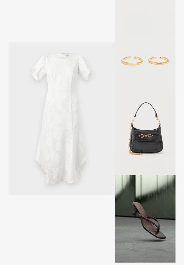 Hvid midi-kjole med puffede korte ærmer, rund halsudskæring, struktureret blomsterdesign, tætsiddende talje og asymmetrisk kant.; Brun højhælet sandal med slangeskindstekstur og tynde stropper, ophængt over gråt tæppegulv mod en mørk sløret baggrund.; Sort patentlæderhåndtaske med guldfarvet hestebid-detalje, kort læderrem og aftagelig guldkæde på hvid baggrund.; Par mediumstore polerede guldøreringe med tynde trådlåse på en helt hvid baggrund.