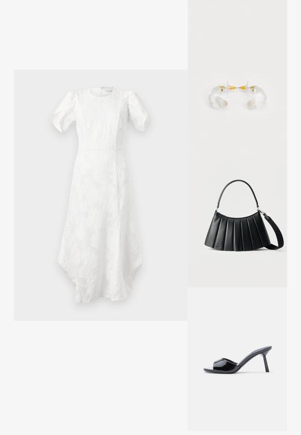 Vestido midi blanco con mangas cortas abullonadas, cuello redondo, patrón floral texturizado, cintura ajustada y dobladillo asimétrico.; Sandalias de tacón con punta abierta de charol negro, con un diseño superior curvado y tacón de aguja cónico. Acabado liso y brillante.; Bolso de cuero negro plisado con asa superior y correa de hombro desmontable sobre un fondo claro liso.; Pendientes de aro de acrílico transparente con acentos dorados, que presentan un diseño curvado y un cierre transparente. Textura suave, estilo minimalista.