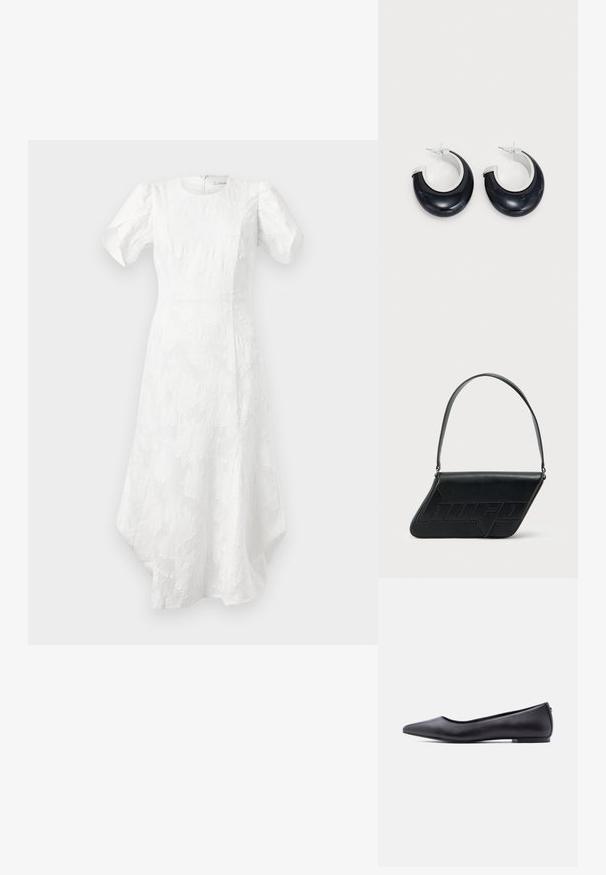 Vestido midi blanco con mangas cortas abullonadas, cuello redondo, patrón floral texturizado, cintura ajustada y dobladillo asimétrico.; Zapato plano de cuero negro con punta puntiaguda y tacón bajo, mostrado de perfil contra un fondo blanco.; Bolso de hombro de cuero negro con forma triangular, logo en relieve y una sola correa ajustable. Diseño minimalista con textura suave.; Pendientes de aro de resina negra con acabado brillante y acentos de hardware en tono plateado. Forma circular con un corte y cierre a presión.