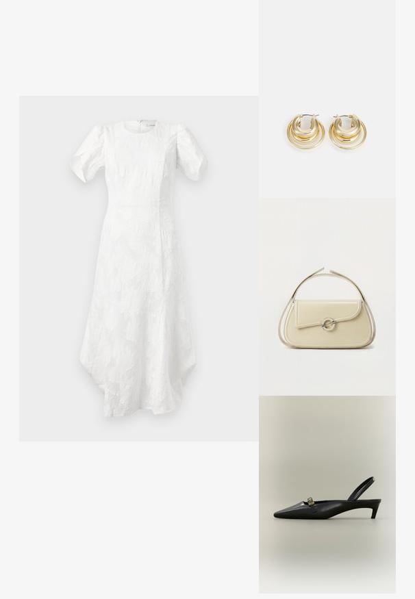 Witte midi-jurk met opgeblazen korte mouwen, ronde halslijn, gestructureerd bloemenpatroon, aansluitende taille en asymmetrische zoom.; Zwarte lederen slingback kitten heel met puntige neus en klein gouden gespsluiting op een effen achtergrond.; Crème leren handtas met gebogen klep, ronde zilveren sluiting en korte bovenste handgreep op een effen witte achtergrond.; Goudkleurige haakoorbellen met gelaagde cirkelvormige ontwerpen; gepolijste oppervlakte; gesloten scharnierhardware voor veilige sluiting.