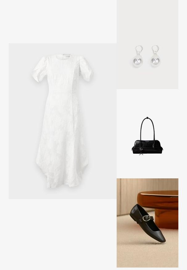 Robe midi blanche avec des manches courtes bouffantes, décolleté rond, motif floral texturé, taille cintrée et ourlet asymétrique.; Chaussure plate Mary Jane en cuir noir avec boucle argentée, exposée sur un tapis beige près d'un pied de table rond marron.; Sac à épaule en cuir noir à texture crocodile, avec de longues sangles et un petit charm logo argenté sur une sangle.; Boucles d'oreilles en argent en forme de goutte avec des surfaces lisses, rondes et réfléchissantes, suspendues à des fermoirs à ressort. L'arrière-plan est blanc uni.