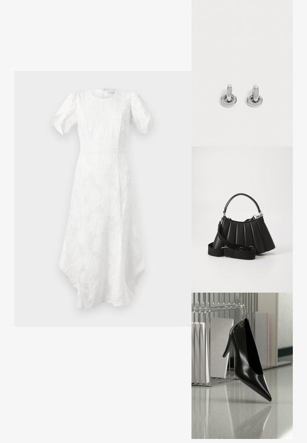 Robe midi blanche avec des manches courtes bouffantes, décolleté rond, motif floral texturé, taille cintrée et ourlet asymétrique.; Chaussure noire à talon haut avec bout pointu et logo doré, posée sur une surface réfléchissante près d'un organiseur de dossiers en fil chromé contenant des documents.; Sac à main plissé noir avec une poignée arrondie, une bandoulière réglable et une texture brillante. Présente des accessoires en argent et une silhouette structurée.; Paire de petites boucles d'oreilles créoles argentées brillantes avec une base ronde, présentées sur un fond clair uni.
