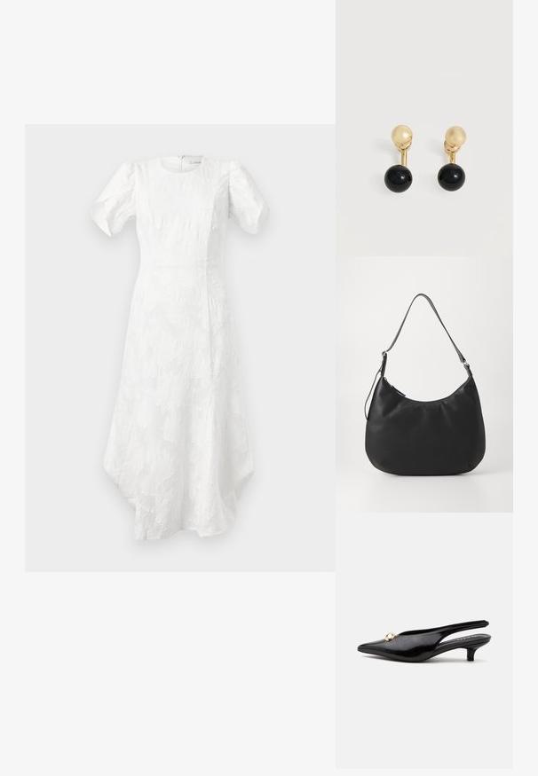 Hvid midi-kjole med puffede korte ærmer, rund halsudskæring, struktureret blomsterdesign, tætsiddende talje og asymmetrisk kant.; Sort laklæderslingback med lille hæl, spids tå og en lille rund guldbesætning på toppen.; Sort hobo-taske lavet af glat, holdbart materiale. Har en enkelt justerbar rem og et subtilt præglogo på forsiden.; Guld studs øreringe med en kort stang, der forbinder til en større skinnende sort kugle, vist på en hvid baggrund.
