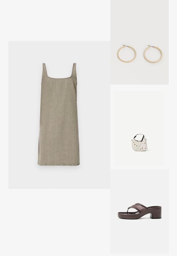 Robe sans manches à décolleté carré en denim gris clair. Présente une coupe droite avec des fentes sur les côtés et des coutures contrastantes le long de l'encolure.; Sandale marron à talon avec lanière en mesh et design en tige, dotée d'un talon bloc et d'une semelle cousue, présentée de profil sur fond blanc.; Petit sac à main blanc avec des taches marron, forme triangulaire arrondie, doublure intérieure noire et bandoulière courte réglable avec boucle argentée.; Paire de boucles d'oreilles créoles moyennes lisses ton or avec fermoirs à charnière sur fond clair uni.