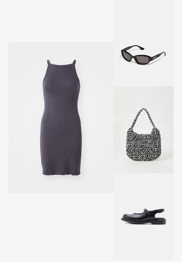 Rippkleid in Dunkellila, mit dünnen Trägern und enganliegender Silhouette, aus einem dehnbaren Strickstoff gefertigt.; Schwarzer Lederschuh im Mary-Jane-Stil mit zwei verstellbaren Schnallenriemen und einer dicken, profilierten Gummisohle.; Schwarze Sonnenbrille mit rechteckigem Rahmen, dunklen Gläsern, glattem Kunststoffmaterial und einem metallischen Akzent am Bügel.; Gewebte Handtasche in Schwarz und Weiß mit runder Form, strukturiertem Oberflächenfinish und geflochtener Grifffläche. Geeignet für den lässigen Gebrauch.