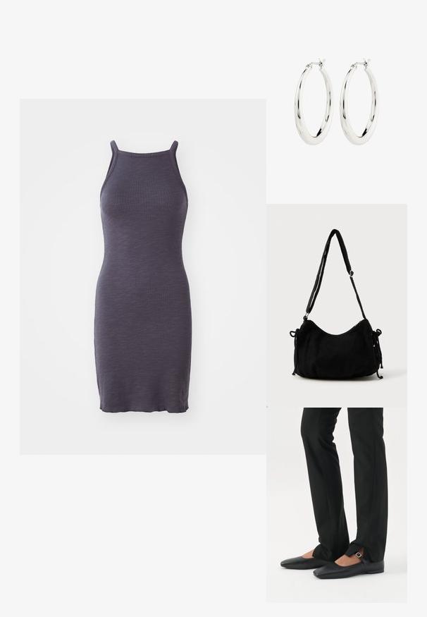 Geribbelde bodycon jurk in donkerpaars, met dunne bandjes en een aansluitende pasvorm, gemaakt van een rekbare gebreide stof.; Benen met zwarte smalle broek met voorsplitten aan de zoom, gecombineerd met zwarte platte Mary Jane-schoenen met een klein gespje.; Zwarte corduroy schoudertas met een gebogen vorm, een verstelbare schouderband en trekkoordsluitingen aan beide zijkanten voor maataanpassing.; Zilveren oorbellen in de vorm van een gladde, glanzende ring. Circulaire vorm, voorzien van een veilige sluiting. Eenvoudig en elegant ontwerp.