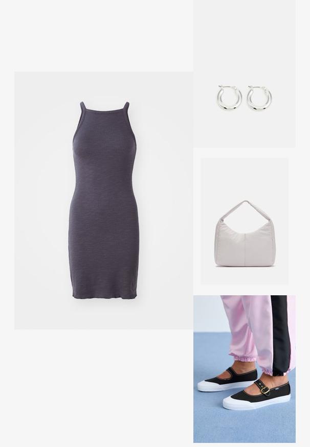 Geribbelde bodycon jurk in donkerpaars, met dunne bandjes en een aansluitende pasvorm, gemaakt van een rekbare gebreide stof.; Zwarte canvas schoenen met een witte zool, met een uitgesneden ontwerp en een gouden gespband. Draagt met roze joggingsbroek.; Lichtgrijze gewatteerde schoudertas met een gebogen vorm, voorzien van een enkele handgreep en een glad, gestructureerd oppervlak. Eenvoudig ontwerp zonder extra hardware.; Zilveren oorbellen in de vorm van een ring met een gepolijste afwerking, met een cirkelvorm en een scharnierende postsluiting. Glad oppervlak met minimale details.