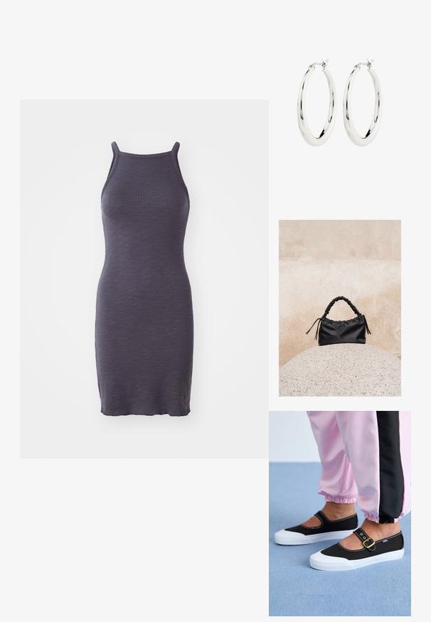 Vestido bodycon acanalado en púrpura oscuro, con tirantes finos y una silueta ajustada, confeccionado en un tejido de punto elástico.; Zapatillas de lona negras con suela blanca, con un diseño recortado y una correa con hebilla dorada. Combinadas con pantalones de chándal rosas.; HVISK ARCADIA - Bolso de mano - black; Pendientes de aro de plata con un acabado suave y brillante. Forma circular, con un cierre seguro. Diseño sencillo y elegante.