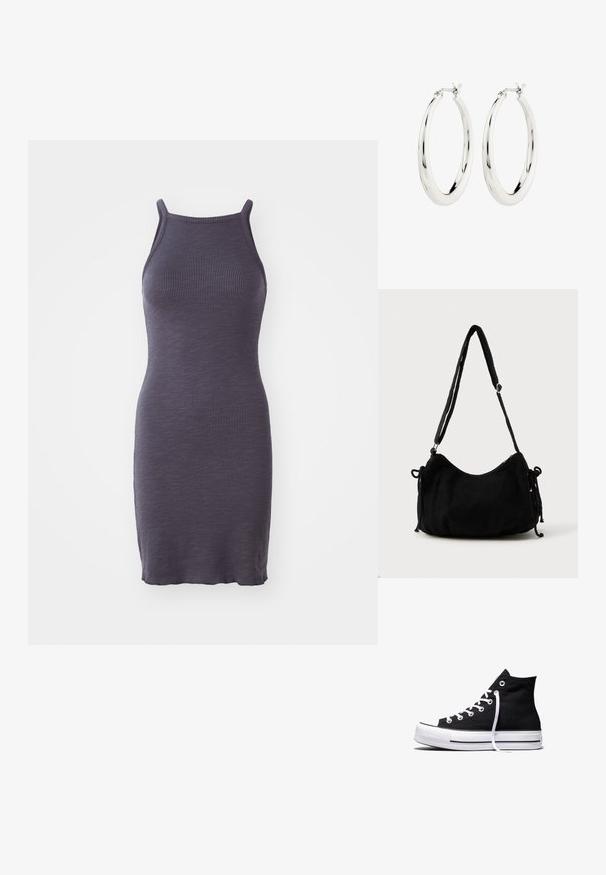 Rippkleid in Dunkellila, mit dünnen Trägern und enganliegender Silhouette, aus einem dehnbaren Strickstoff gefertigt.; Schwarzer High-Top-Canvas-Sneaker mit weißer Gummisohle und weißen Schnürsenkeln, seitlich dargestellt vor weißem Hintergrund.; Schwarze Cordtasche mit geschwungener Form, verstellbarem Schultergurt und Kordelzugverschlüssen an beiden Seiten zur Größenanpassung.; Silberne Creolen mit einer glatten, glänzenden Oberfläche. Kreisform, ausgestattet mit einem sicheren Verschluss. Einfaches und elegantes Design.