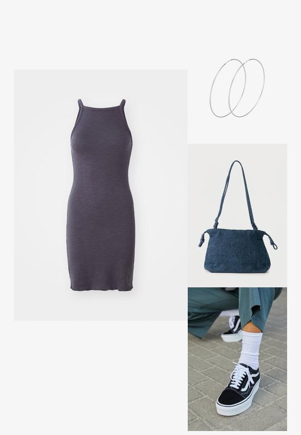 Vestido bodycon acanalado en púrpura oscuro, con tirantes finos y una silueta ajustada, confeccionado en un tejido de punto elástico.; Zapatillas de ante negro con acentos y cordones blancos, que cuentan con una gruesa suela blanca y costuras en contraste, combinadas con un calcetín blanco.; Bolso de hombro de mezclilla azul oscuro con extremos de correa anudados y forma rectangular simple sobre un fondo blanco.; Pendientes de aro plateados con un diseño minimalista. Forma circular, textura suave y perfil delgado. Livianos con un acabado pulido.