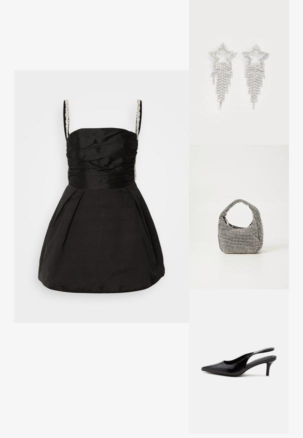 Zwarte jurk met een aansluitend bovenlijfje en een wijd uitlopende rok. Kenmerkt zich door gerimpelde details en met kralen bezette schouderbanden voor extra textuur en detail.; Zwarte slingback kitten heel schoen met spitse neus en een rij kleine heldere rhinestones op het bandje, tegen een witte achtergrond.; Zwarte handtas met een ronde vorm, bedekt met kleine zilveren rhinestones, voorzien van een kort handvat en een ritssluiting aan de bovenkant.; Rhinestone ster oorbellen met waterval franje, in een zilverkleurige tint en een glanzend, reflecterend oppervlak. Stervorm met ingewikkeld ontwerp.