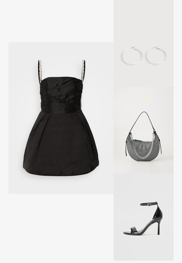 Robe noire avec un corsage ajusté et une jupe évasée. Présente des détails froncés et des bretelles perlées pour plus de texture et de détails.; Sandale à talon haut en cuir verni noir avec un bout ouvert, une seule lanière à l'avant et une lanière de cheville ajustable.; Sac à main en mesh noir de forme croissant, avec une bandoulière en chaîne argentée et des accents en cuir noir. Surface texturée avec une fermeture éclair.; Paire de boucles d'oreilles créoles argentées brillantes avec fermoirs en fil fin, présentée sur un fond gris clair.