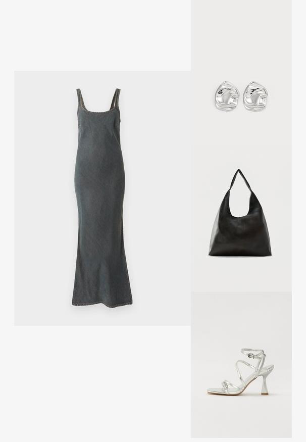 Vestido maxi de mezclilla en azul oscuro con tirantes finos, escote redondeado y costuras en contraste a lo largo de los bordes y las costuras.; Sandalia de tacón alto plateada con múltiples correas entrecruzadas, una correa ajustable en el tobillo y un tacón esculpido, todo con un acabado metálico brillante.; Bolso de hombro de cuero negro liso con una correa ancha y única y un diseño desenfadado y minimalista sobre un fondo sencillo.; Pendientes de studs en forma abstracta de plata con un acabado pulido, que presentan curvas suaves y contornos sutiles. Sin patrones o acentos visibles.