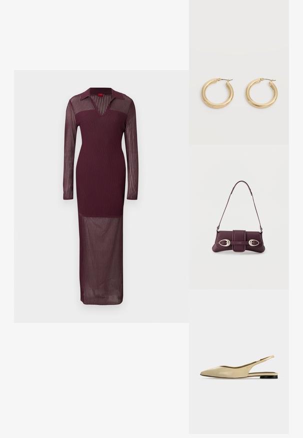 Robe longue bordeaux côtelée avec des manches longues transparentes, une silhouette ajustée et un col en V, présentant un corsage moulant et une jupe transparente.; Chaussure plate beige à bout pointu avec bride arrière, petit talon noir et finition en cuir lisse, vue de côté sur un fond uni.; Sac à bandoulière en cuir violet foncé avec boucles ovales argentées et logo "HUGO" sur le rabat avant, bandoulière fine, design minimaliste.; Paire de boucles d'oreilles épaisses en or brillant avec tiges métalliques sur un fond gris clair.