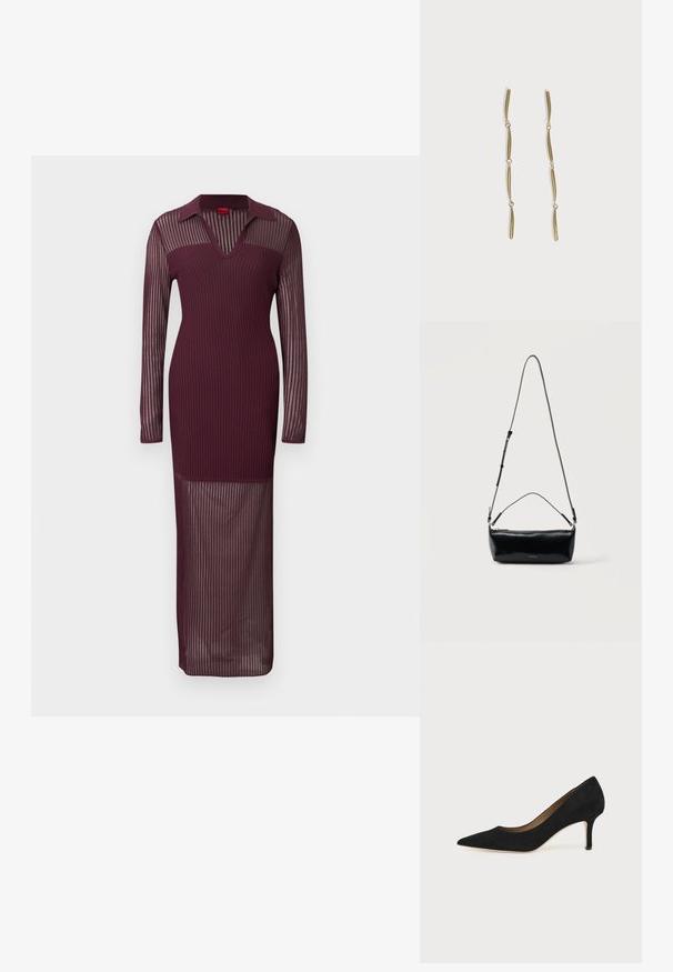 Robe longue bordeaux côtelée avec des manches longues transparentes, une silhouette ajustée et un col en V, présentant un corsage moulant et une jupe transparente.; Escarpin en daim noir à bout pointu avec un talon stiletto fin de hauteur moyenne et un design à coupe basse sur un fond uni.; Sac bandoulière rectangulaire en cuir noir avec bandoulière ajustable, fermeture éclair sur le dessus et petit logo Calvin Klein doré sur le devant.; Longues boucles d'oreilles en or composées de quatre barres incurvées allongées reliées entre elles sur fond blanc.