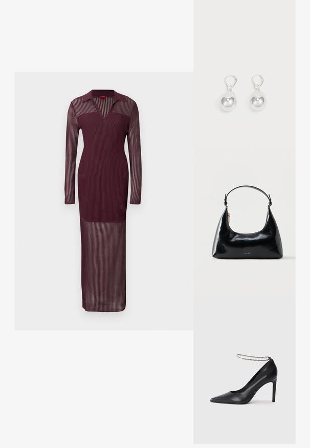 Robe longue bordeaux côtelée avec des manches longues transparentes, une silhouette ajustée et un col en V, présentant un corsage moulant et une jupe transparente.; Escarpin noir en cuir avec un bout pointu, doté d'une fine bride de cheville en chaîne argentée et d'une texture lisse et élégante.; Sac à main Calvin Klein noir brillant avec fermeture éclair dorée et anse courte sur fond blanc uni.; Boucles d'oreilles en argent en forme de goutte avec des surfaces lisses, rondes et réfléchissantes, suspendues à des fermoirs à ressort. L'arrière-plan est blanc uni.