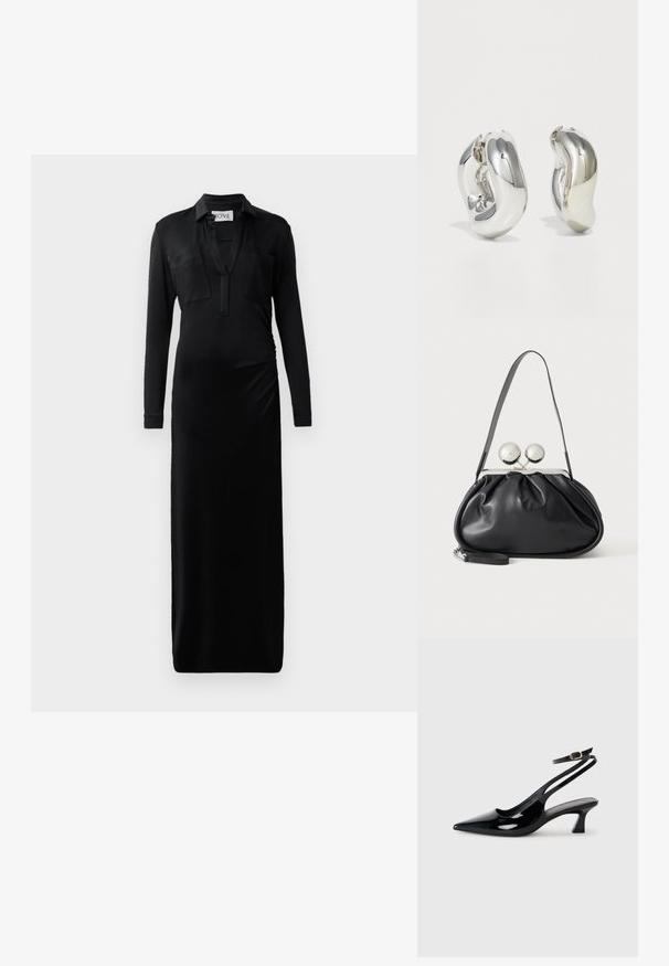 Robe maxi noire à manches longues en tissu lisse, avec un col montant, deux poches poitrine et un détail froncé sur le côté pour plus de forme.; Escarpins à brides arrière en cuir verni noir, à bout pointu, avec un petit talon carré et une sangle de cheville ajustable dotée d'une boucle dorée.; Sac à main en cuir noir avec un design plissé, une sangle unique, un cadre métallique argenté et deux grandes fermoirs ronds en argent.; Boucles d'oreilles sculpturales en argent avec des formes douces et courbes et des surfaces réfléchissantes. Présentent un design de boucle fermée et une forme organique distincte.