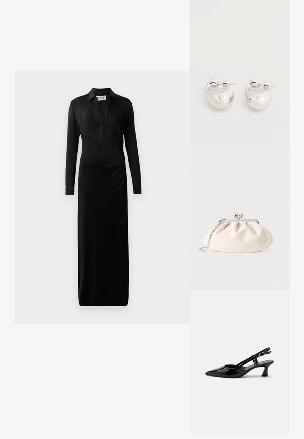 Robe maxi noire à manches longues en tissu lisse, avec un col montant, deux poches poitrine et un détail froncé sur le côté pour plus de forme.; Chaussure slingback en cuir verni noir à petit talon, bout pointu et bride réglable avec boucle dorée sur fond blanc.; Pochette en tissu crème avec un design froncé, cadre en métal argenté, deux boules décoratives, et une bandoulière chaîne argentée.; Paire de boucles d'oreilles argentées brillantes et épaisses avec fermoirs à tige, sur fond blanc uni.