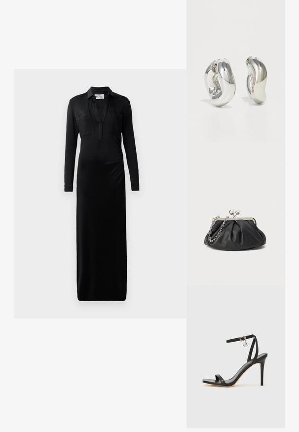Schwarzes Maxikleid mit langen Ärmeln aus glattem Stoff, das einen Kragen, zwei Brusttaschen und ein gerafftes Seitendetail für zusätzliche Form bietet.; Schwarze High-Heel-Sandale mit schmalem Knöchelriemen, quadratischer Zehenbox, glattem Leder und metallischem Schnallenakzent.; Schwarze Leder-Clutch mit geraffter Textur, silberfarbener Metallrahmen, Druckverschluss und Kettenriemen. Glatte, weiche Oberfläche.; Silberne skulpturale Ohrringe mit glatten, geschwungenen Formen und reflektierenden Oberflächen. Sie verfügen über ein geschlossenes Ringdesign und eine ausgeprägte organische Form.