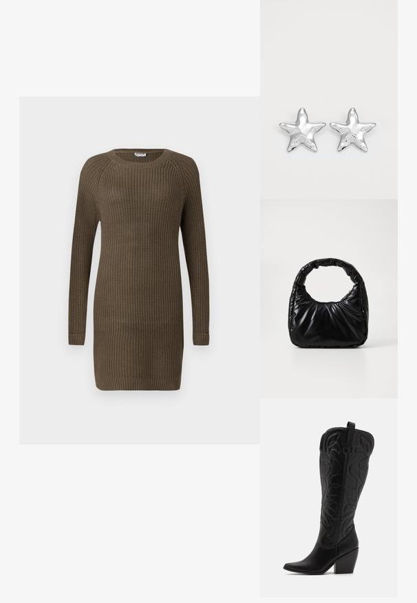 Robe en tricot de couleur vert olive foncé, avec des manches longues, un col rond, un tissu texturé et des poignets et un ourlet côtelés.; Bottes hautes en cuir noir jusqu'aux genoux avec bout pointu et talon empilé. Caractéristiques de coutures décoratives et éléments de design courbés.; Sac à main noir rembourré avec une poignée arrondie, présentant une surface lisse et brillante ainsi qu'une texture douce et matelassée. Pas de quincaillerie ou d'accents visibles.; Boucles d'oreilles argentées en forme d'étoile, avec une surface lisse et brillante. Chaque boucle d'oreille possède cinq pointes et des détails subtils de texture de surface.