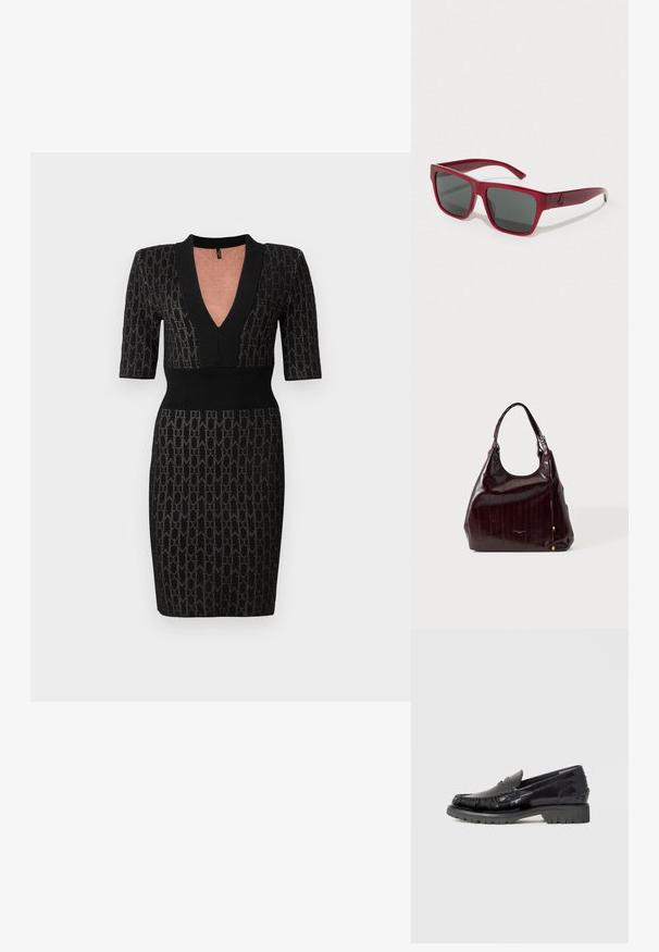 Zwarte gebreide jurk met een diepe V-hals, korte mouwen en een getailleerde bodice. Bevat een textuurpatroon en ribbelaccenten bij de halslijn en taille.; Zwarte leren loafer met een bovenwerk in mocassinstijl, gestructureerde franjes en een dikke zwarte rubberen zool. Gladde afwerking, ronde neus.; Rode kunststof zonnebril met vierkante montuur, donkergrijze lenzen en zijaccenten. Lichtgewicht ontwerp geschikt voor casual gebruik.; Donkerbruine glanzende leren handtas met een enkele hengsel en subtiele geperste verticale strepen, afgebeeld tegen een effen lichte achtergrond.