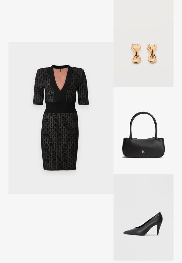 Vestido de punto negro con un escote en V profundo, mangas cortas y un cuerpo ajustado. Presenta un patrón texturizado y acentos acanalados en el escote y la cintura.; Zapato de tacón alto de cuero negro con punta afilada, diseño elegante y un sutil acento de logo dorado en el tacón, con una textura suave.; Bolso de mano de cuero negro con asas dobles redondeadas, cremallera dorada y pequeño logo dorado entrelazado en el centro delantero.; Par de pendientes de aro con acabado dorado brillante sobre fondo blanco liso, con diseño entrelazado y torsionado.