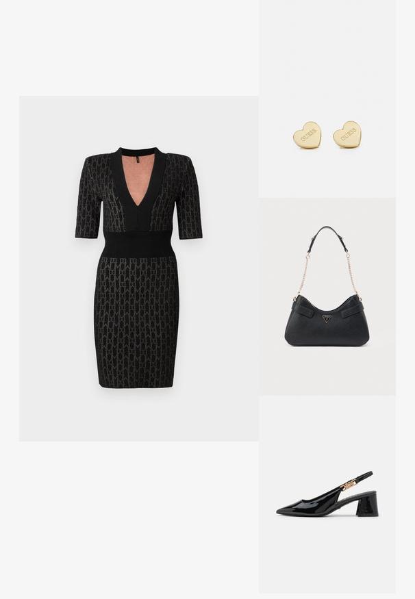 Sort strik kjole med dyb V-udskæring, korte ærmer og tætsiddende overdel. Har et struktureret mønster og ribbede detaljer ved udskæringen og taljen.; Sorte patentlæder slingback pumps med spidse tæer og guldfarvet hardware på remmen, med en blokhælhøjder. Glat tekstur.; Sort håndtaske med struktureret finish, buet silhuet, dobbelt skulderrem af læder og kæde, med guldfarvet logoaccent.; Guld hjerteformede øreringe med en poleret finish, præget "GUESS"-logo og glat tekstur. Enkel design, velegnet til forskellige anledninger.