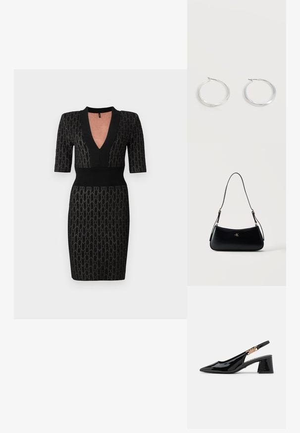 Sort strik kjole med dyb V-udskæring, korte ærmer og tætsiddende overdel. Har et struktureret mønster og ribbede detaljer ved udskæringen og taljen.; Sorte patentlæder slingback pumps med spidse tæer og guldfarvet hardware på remmen, med en blokhælhøjder. Glat tekstur.; Sort læder skuldertaske med kurvet form, justerbar rem og gyldent "cK" logo foran i midten.; Sølvfarvede metaloorringe med glat, let buet overflade og låsemekanisme på en ensfarvet hvid baggrund.